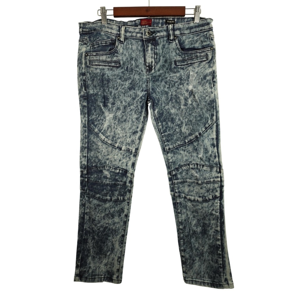 Southpole Jeans Boys 16‎ Blue Acid Wash Slim Fit Straight Leg Moto Stretch Denim